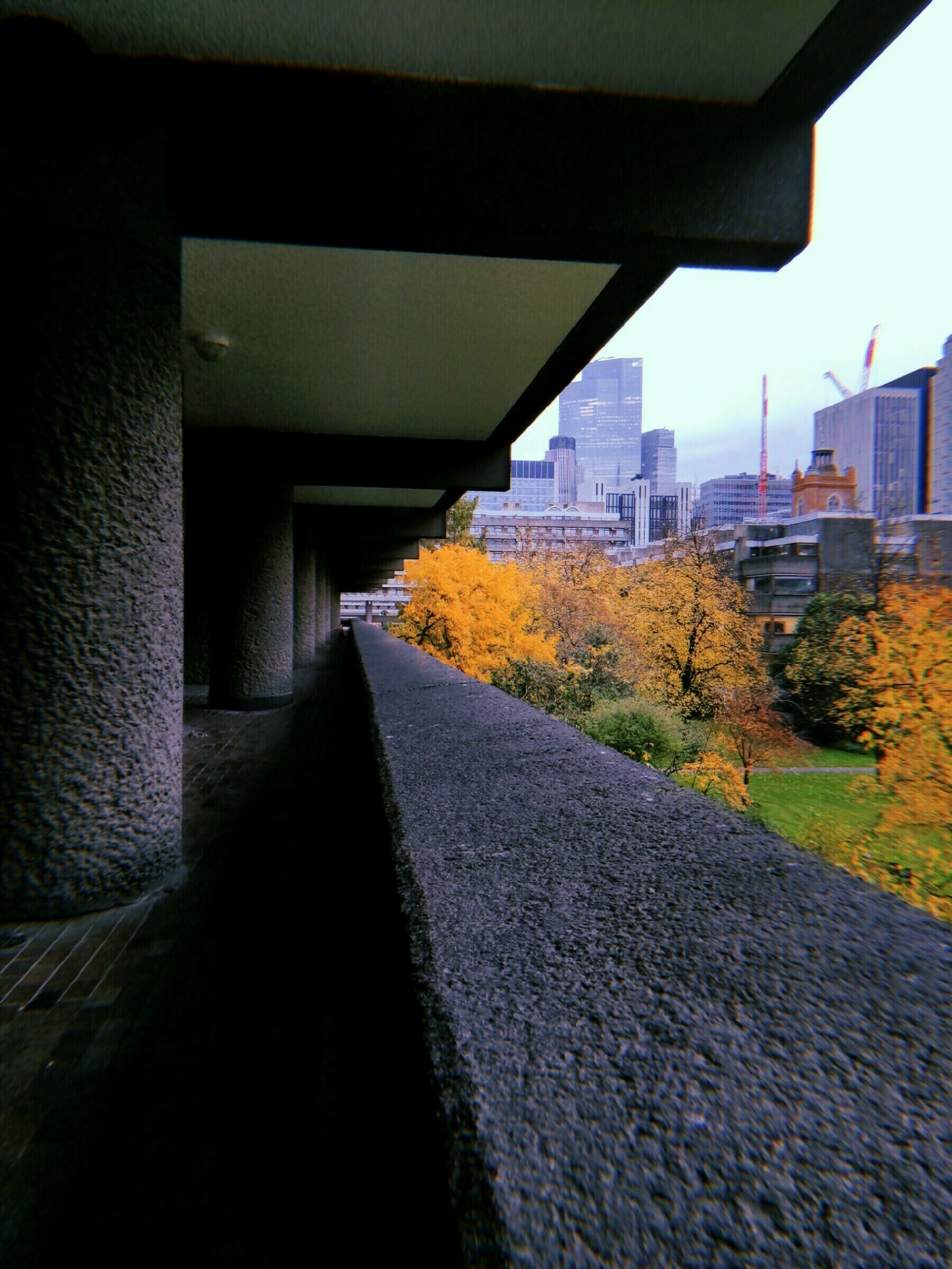 A concrete urban structure with a walkway overlooks a park with autumn trees and a city skyline in the background.