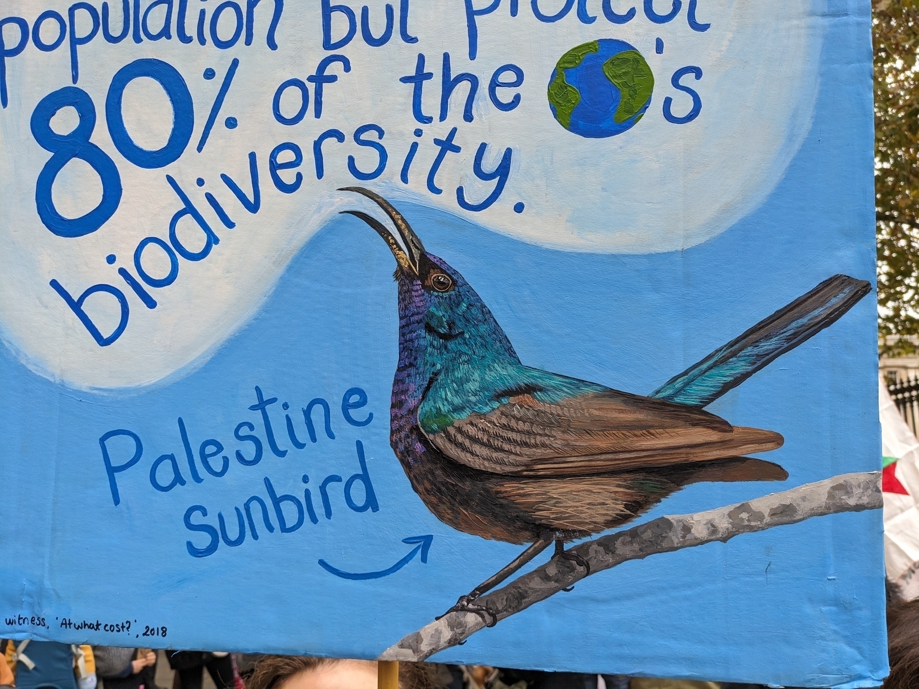 A protest sign displays a colorful illustration of a Palestine Sunbird along with text highlighting the importance of protecting biodiversity.