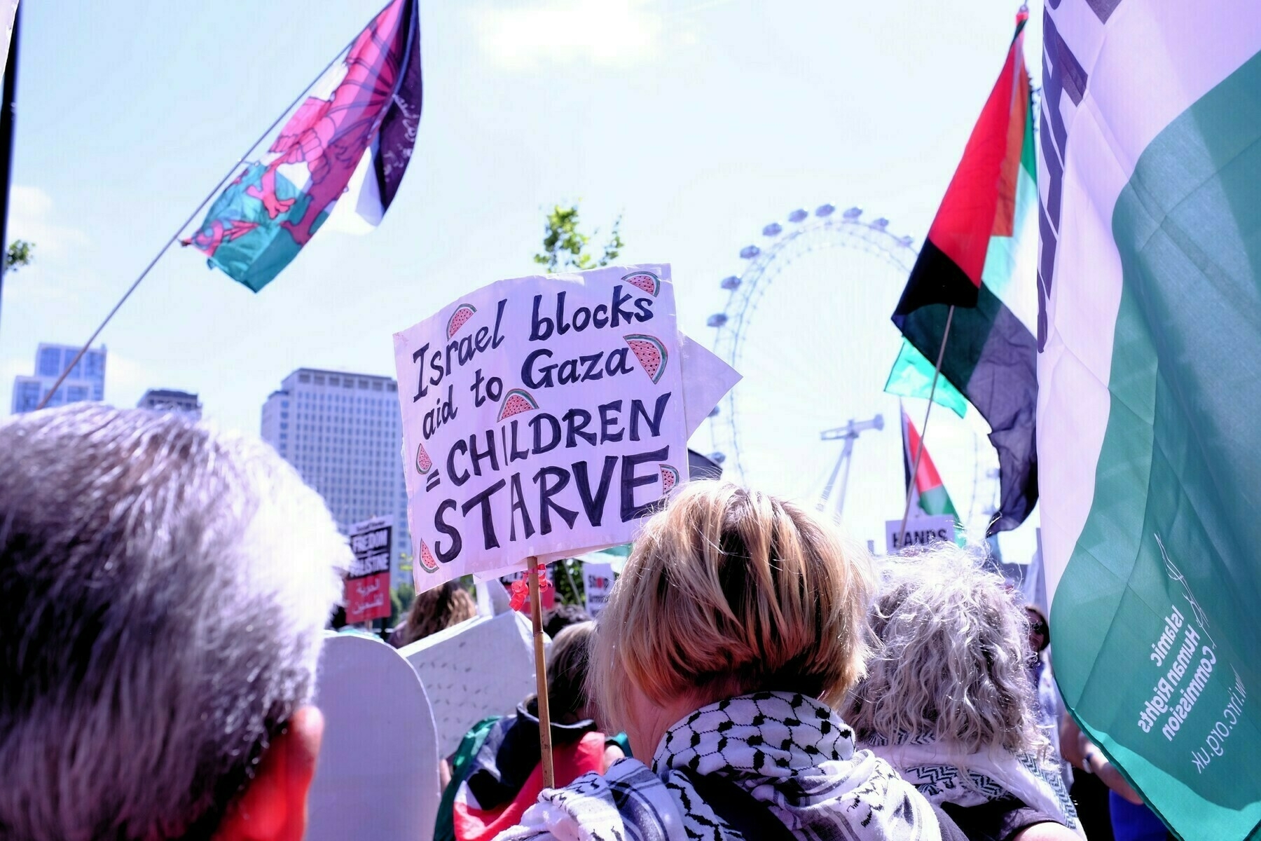 A crowd is gathered with flags and signs, including one sign that says 'Israel blocks aid to Gaza = children starve'